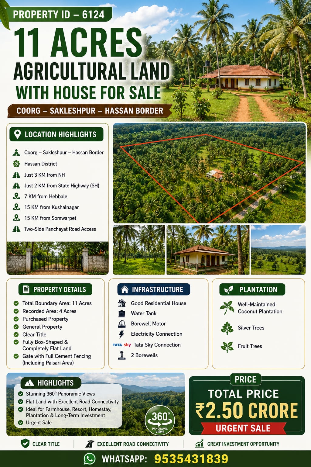 🆔 **PROPERTY ID – 6124** 🌿 **11 Acres Agricultural Land with House for Sale – Coorg–Sakleshpur–Hassan Border*